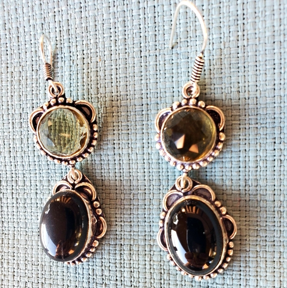 New Black Onyx and Peach Quartz Silver Earrings. - Picture 3 of 12